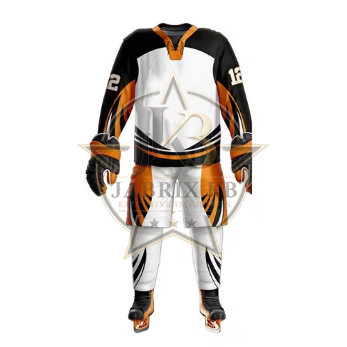 Custom Ice Hockey Uniform – Black, White & Orange Jersey Set
