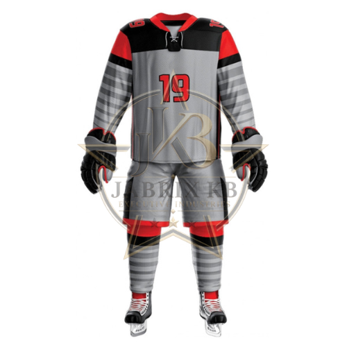 Grey & Black Ice Hockey Uniform – Red Accent Jersey Set